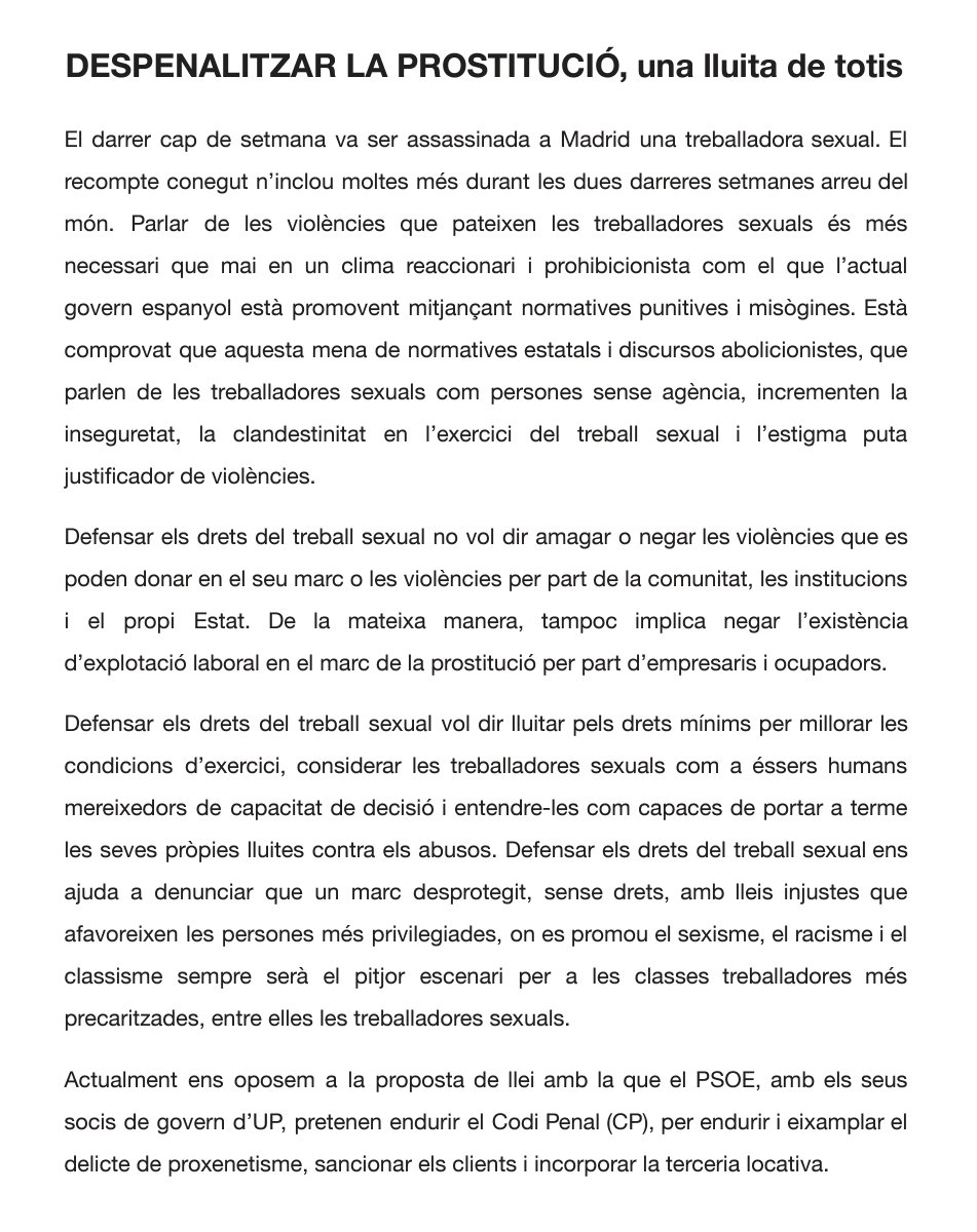 atzagaia's tweet photo. Dissabte 17D: concentració a favor dels drets de les treballadores sexuals

📍Plaça de la Gardunya 

Ens adherim a la convocatòria de @PutasLibRaval @PutasIndignadas
@lasGenera

11.30h Parlaments solidaris
14h Putivermut

#ContraLaCriminalitzacióDelTreballSexual https://t.co/8VtGtohCOy