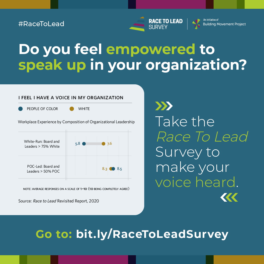 The <a href="/BldingMovement/">Building Movement Project</a> Race to Lead Survey shows that *all* #nonprofit workers at POC-led orgs feel more strongly that they have a voice than those at white-run orgs.
 
Do you feel empowered to speak up at work? Take the 2022 #RaceToLeadSurvey: bit.ly/RaceToLeadSurv…