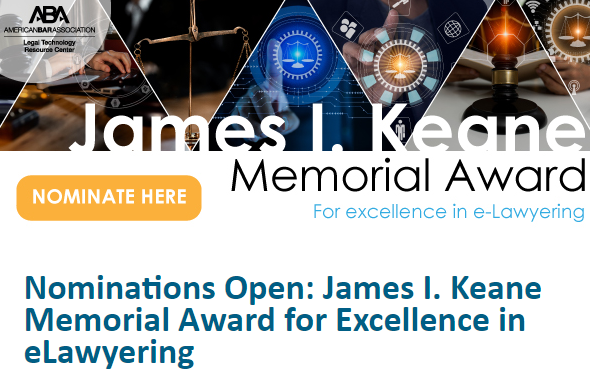 ltrc's tweet photo. Nominations for the James I. Keane Memorial Award are open. #elawyering #marketing #innovation #legaltech

Get more information here: https://t.co/OVTQNFuGDZ

Deadline for submissions: 12/30/2022. https://t.co/Dx1TI7ESp0