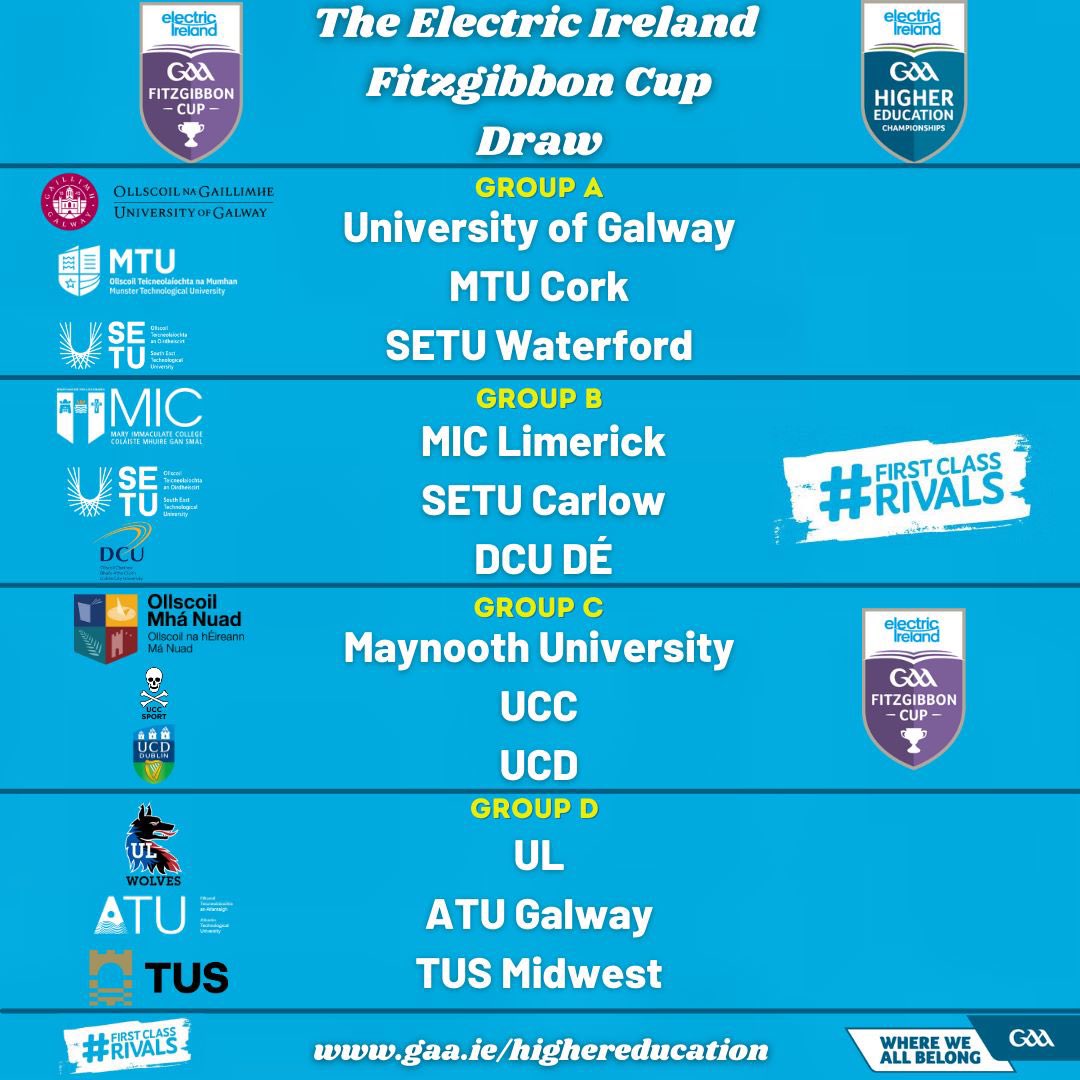 🏆 Fitzgibbon Cup🏆

Check out the draw of the <a href="/ElectricIreland/">Electric Ireland</a> Fitzgibbon Cup that was made today. 

#️⃣ #FirstClassRivals #GAABelong
