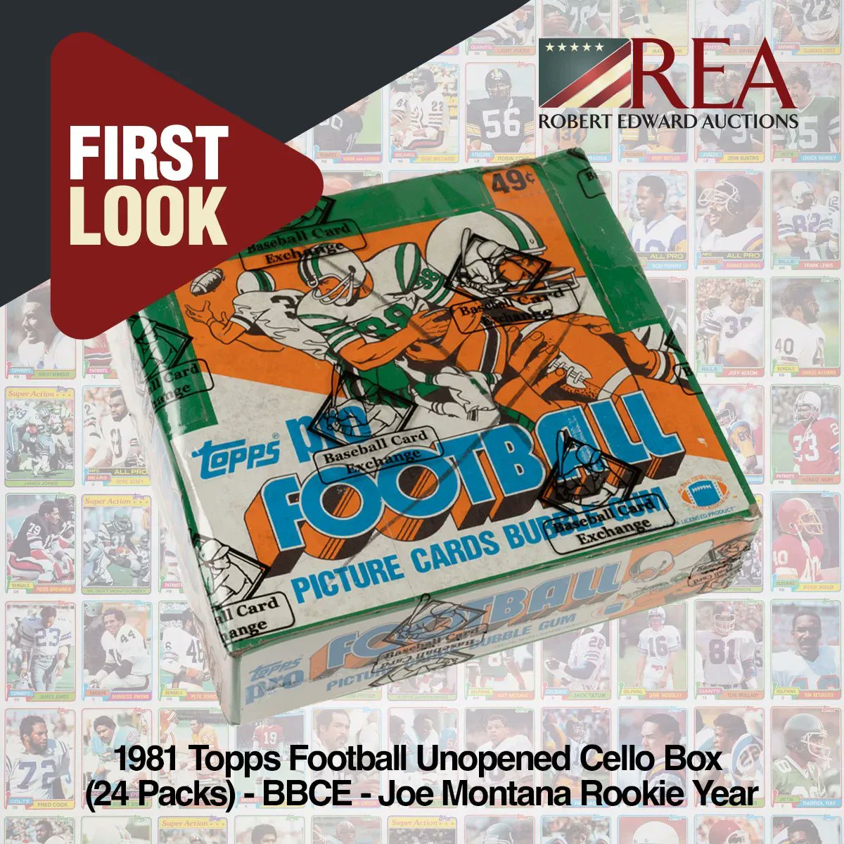 collect_rea's tweet photo. Could this unopened 1981 Topps box, consinged for an upcoming auction, include a Joe Montana rookie?  It's possible.  Would you break it open to find out?
@REAOnline #Topps #Toppsfootball #unopenedpacks #NFL #footballcards #thehobby #whodoyoucollect #sportscards #cardcollector https://t.co/hCCXi7zDDO
