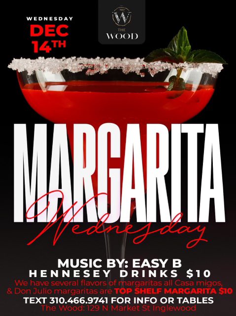 BLACKLAVOICE's tweet photo. Margarita Wednesday today at The Wood Urban Kitchen🥳 🍸 

The barbecue restaurant and sports bar is open for Happy Hour every day from 3-8 pm 🥂 

Come through for BBQ lunch and dinner 📍129 N. Market Street in Inglewood, California 🔥 https://t.co/GWBNQ1nQUN