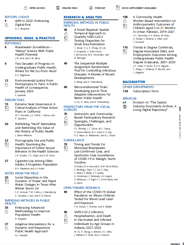 <a href="/AMJPublicHealth/">AJPH</a> <a href="/PublicHealth/">APHA</a> The January issue of <a href="/AMJPublicHealth/">AJPH</a> has a special section dedicated to Emerging Methods in Public health: Sequential Multiassignment RCT, Microrandomized Trials, Small Are Estimations. #TocAJPH