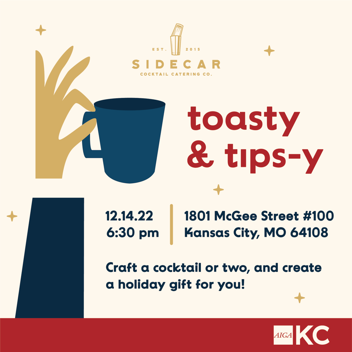 AIGA KC is partnering with Sidecar to make sure you have the perfect seasonal gift. Join us tonight for a mixology class by Westport Cafe’s mixologist, Nicolas Mermet, and learn how to make two holiday cocktails. Space is limited, tap the link! ow.ly/ajSh50M3PXx
