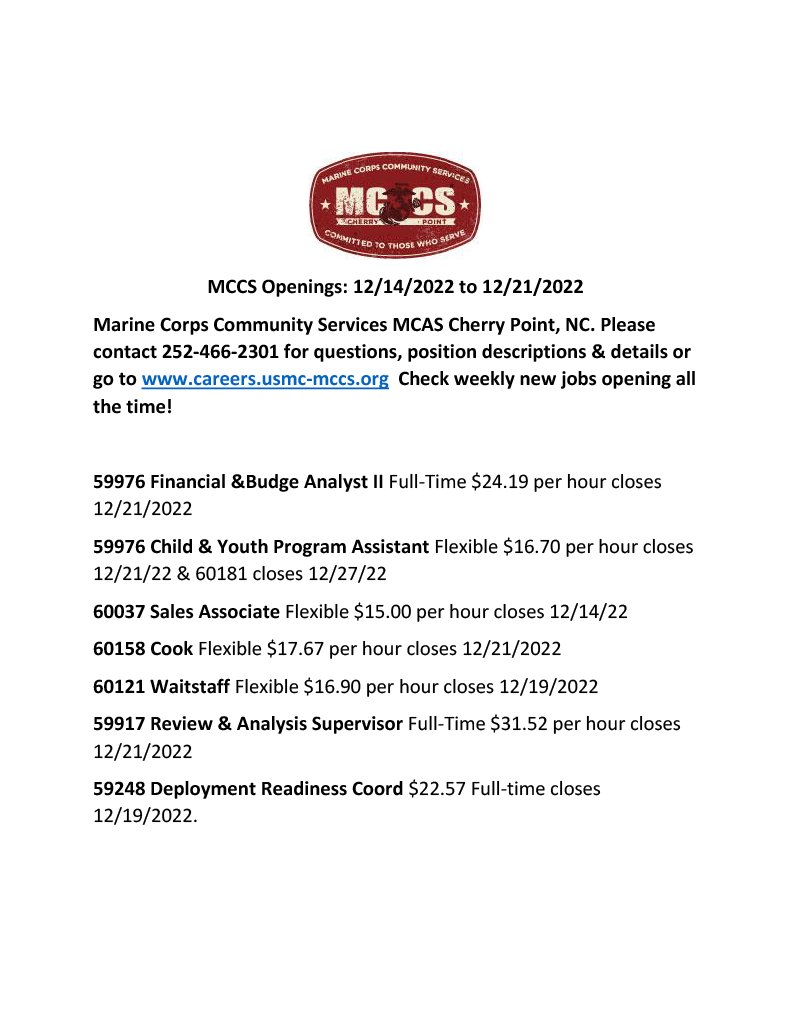 NCWorks_Craven's tweet photo. **MCCS Cherry Point is HIRING***
Check out the latest list of job openings. For more info/how to apply, visit https://t.co/ws7pdAdb8x. #ncworks4u #NewBernHelpWanted #NCWorks #ncworkscraven #cherrypoint #MCCS #mccscherrypoint #havelocknc #cravencounty #carteretcountync https://t.co/dpyRyDIBbZ
