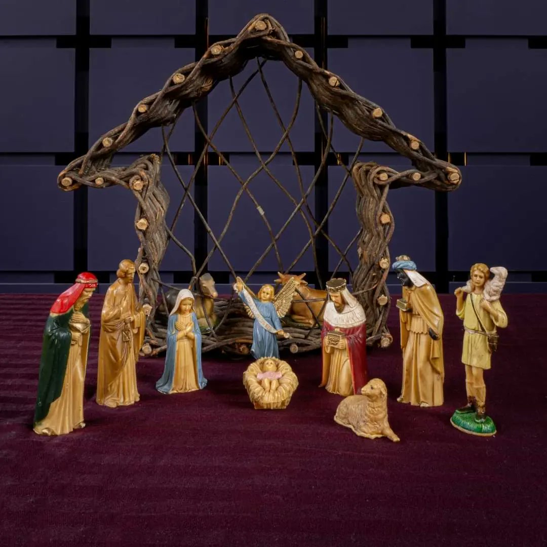 SHUCVancouver's tweet photo. Beloved and well used nativity from Clif &amp; Jan. The camels are a generous touch from friends who travel. The grapevine stable lends a old world feel. The angel is designed to hover and sing from above but in this circumstance is entirely at home with the crew. 
#morethanhalfway https://t.co/x1cuAoUBaX