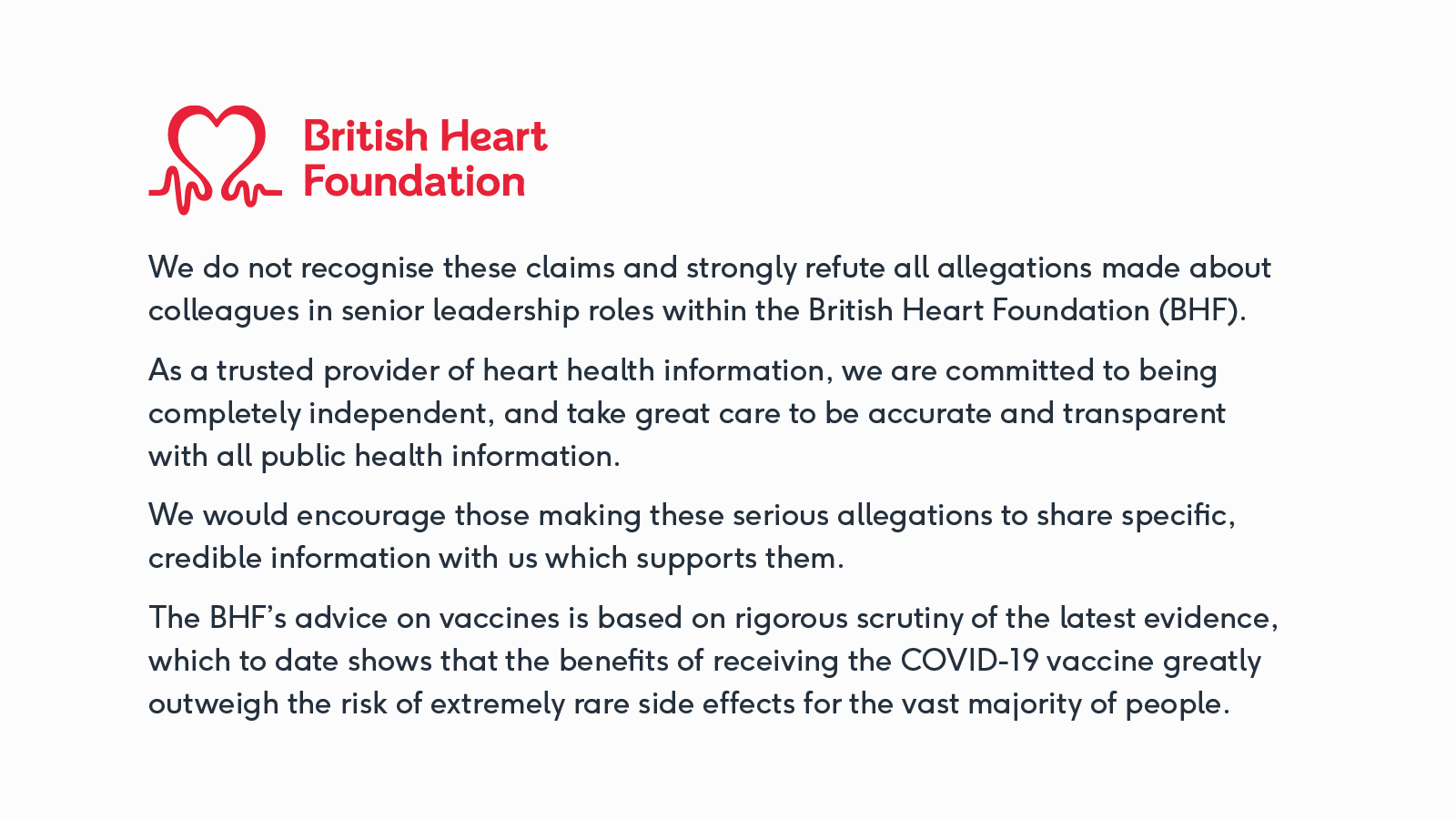 BHF statement in response to comments made by Andrew Bridgen MP. 