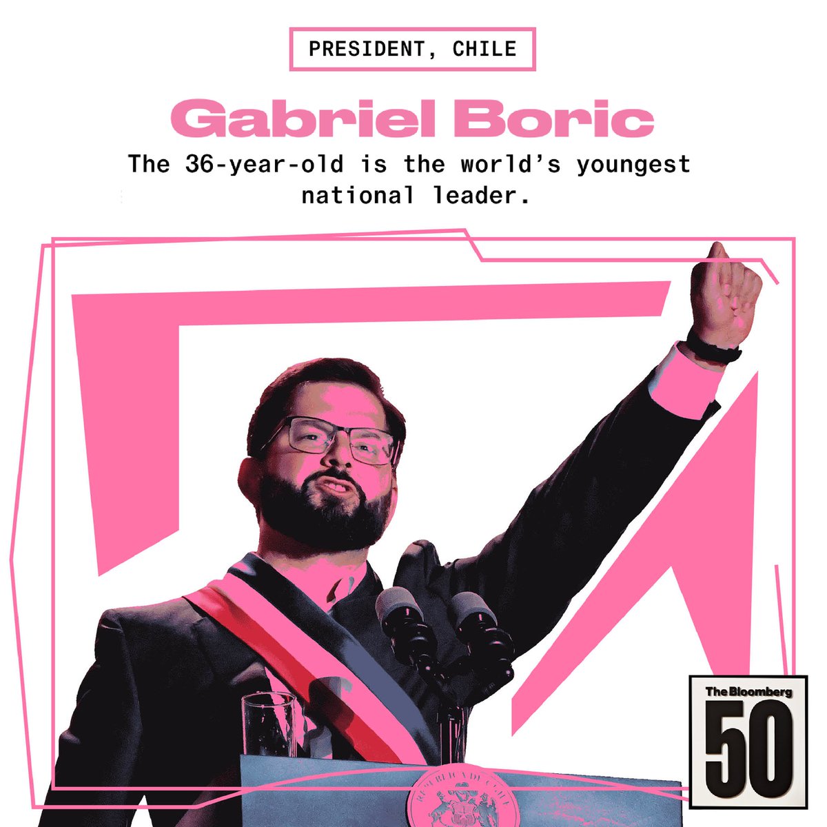 ¡Orgullo! 🇨🇱 Presidente <a href="/GabrielBoric/">Gabriel Boric Font</a> es reconocido como una de las personas más influyentes del mundo del 2022 por la revista Bloomberg <a href="/BW/">Businessweek</a> 👏🏽 #Bloomberg50 

🔗 bloom.bg/3v9121T