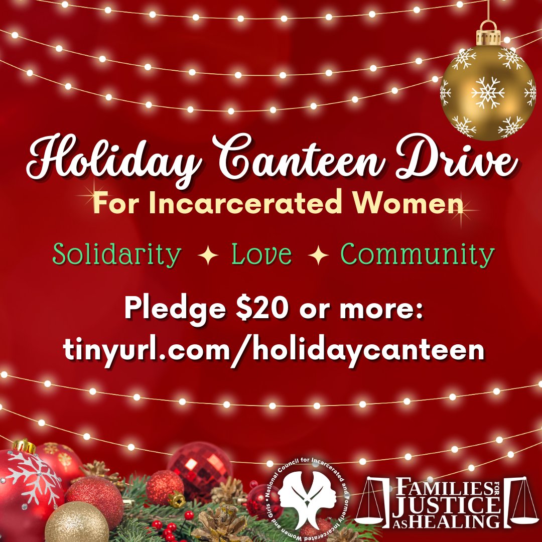 justicehealing's tweet image. Community care can't wait! 

As we continue to organize to #FreeHer - we're making sure our sisters have what they need to survive.

Every holiday season we mobilize a canteen drive.

Give $20 or more directly to incarcerated women: tinyurl.com/holidaycanteen

#NoNewWomensPrison