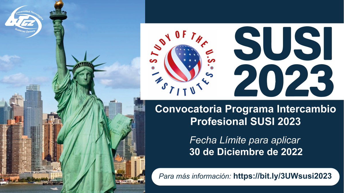 utgzamora's tweet photo. PROGRAMA INTERCAMBIO PROFESIONAL SUSI 2023
El programa de cinco a seis semanas se llevará a cabo en inglés y será de manera presencial en los Estados Unidos a principios de junio de 2023.
Para mayor información:
https://t.co/Sj3uiR23tO https://t.co/l91vqKB9Bh