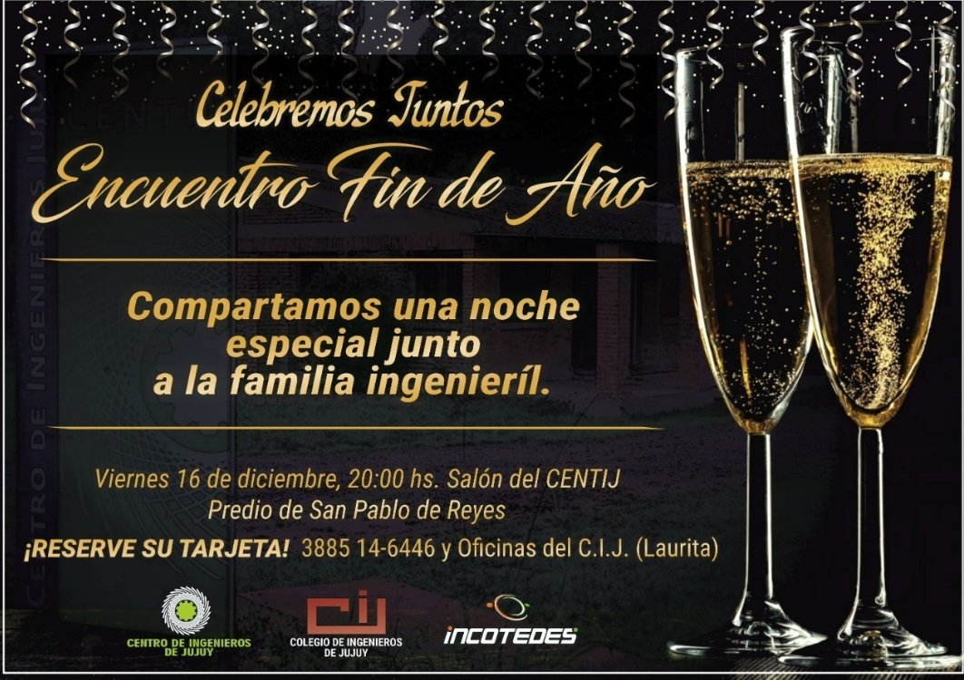 🎉IMPERDIBLE! Te esperamos para compartir un grato momento con tiradas de cerveza, riquísimas pizzas a la parrilla, confraternidad y alegría! 
📣 Viernes 16 - 20 hs. Tarjeta: $3.000 por persona
💳💸 Podés aportar mediante transferencia bancaria: 
CBU alias CENTRO.INGENIEROS.JY