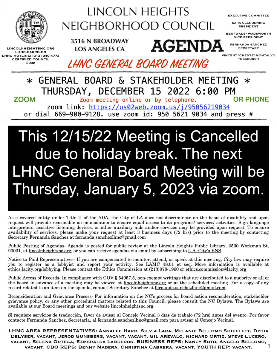 The December 15, 2022 <a href="/lincolnhtsnc/">LINCOLN HEIGHTS NC</a> General 
Board Meeting has been cancelled due to a holiday break.  The next General Board Meeting will be held January 5, 2023 at 6:00pm.