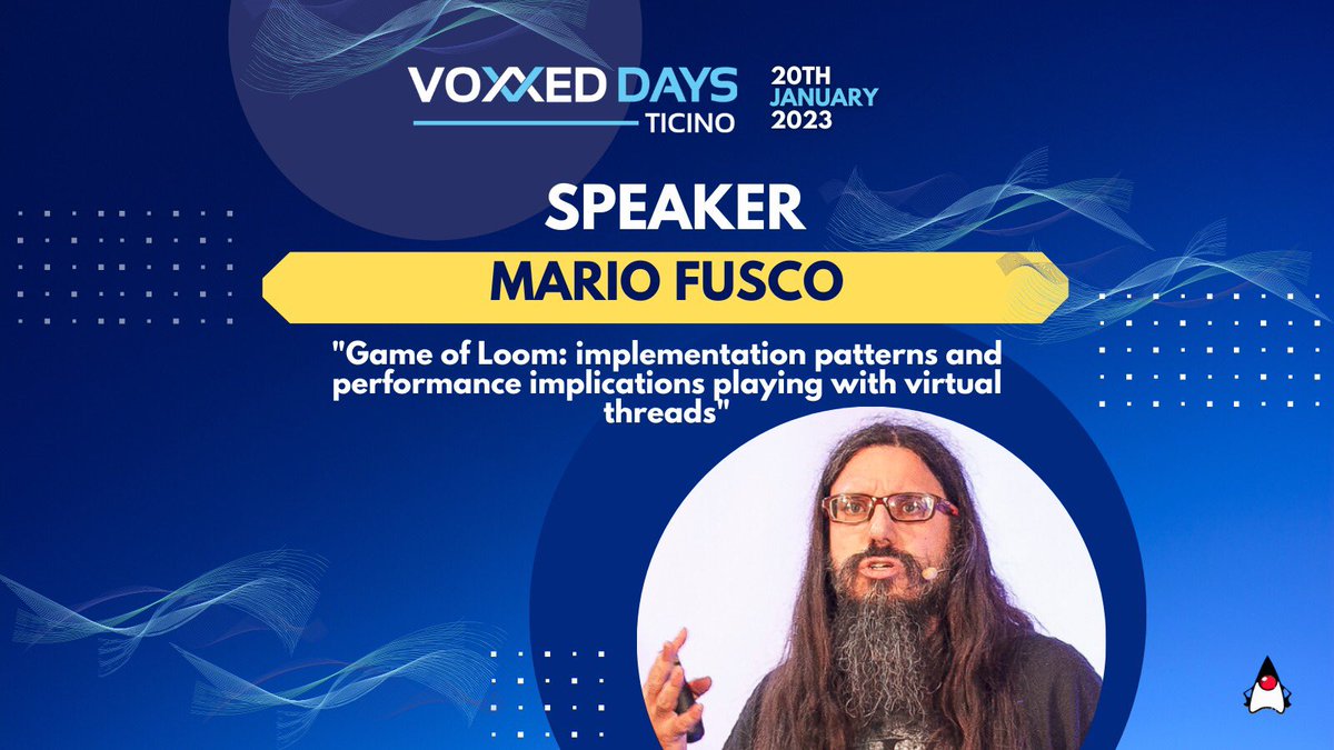 Voxxed Days Ticino (@voxxedticino) on Twitter photo As part of the "Java" track at the next <a href="/VoxxedTicino/">Voxxed Days Ticino</a>, the talk from Mario Fusco is here 🤩 <a href="/mariofusco/">Mario Fusco</a> will present "Game of Loom: implementation patterns and performance implications playing with virtual threads" We know you don't want to miss Mario's talk in Lugano! JOIN US! As part of the "Java" track at the next <a href="/VoxxedTicino/">Voxxed Days Ticino</a>, the talk from Mario Fusco is here 🤩 <a href="/mariofusco/">Mario Fusco</a> will present "Game of Loom: implementation patterns and performance implications playing with virtual threads" We know you don't want to miss Mario's talk in Lugano! JOIN US!