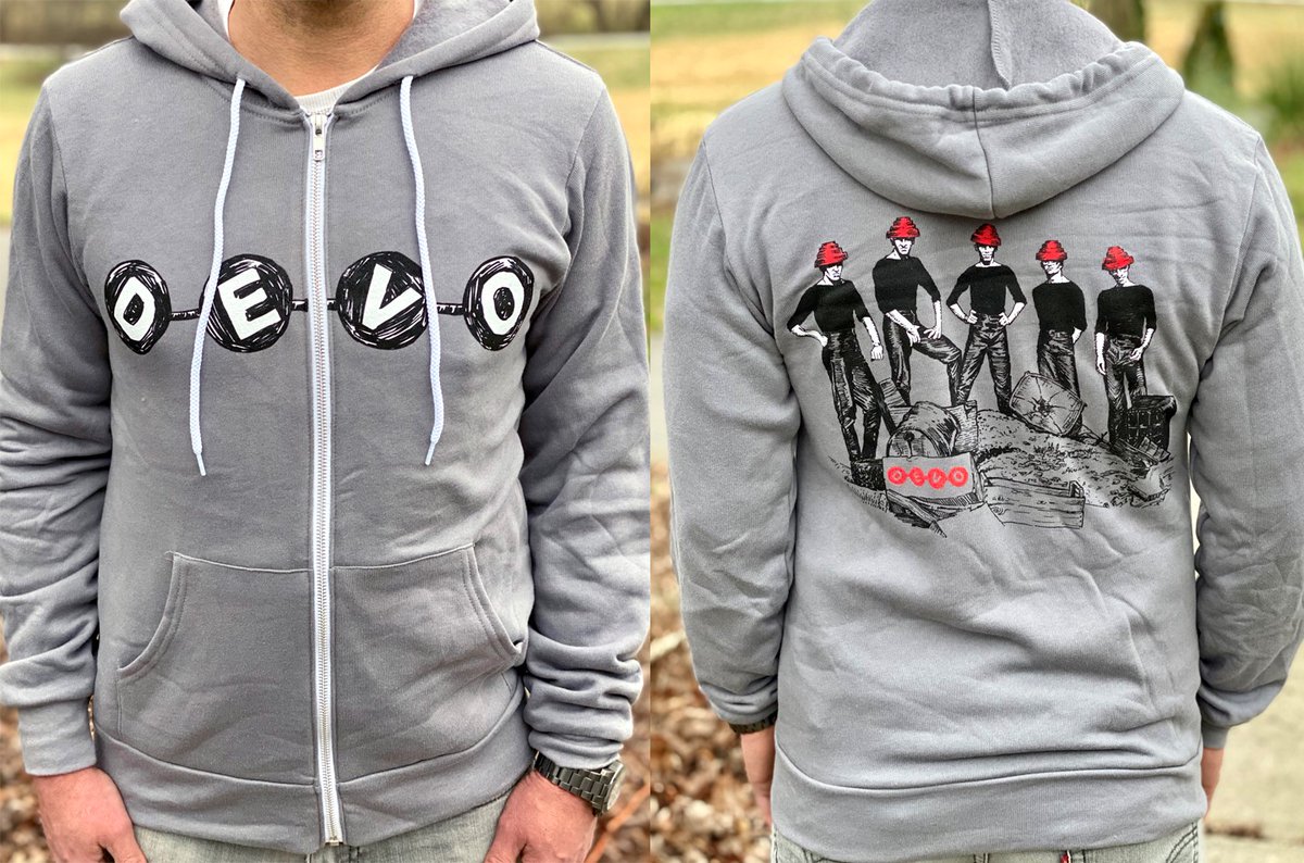 There are less than a couple dozen of these limited-edition DEVO hoodies left...get one now from @BifocalMedia while you can. Art by Chris Shary was based on a 1980 photo of the band in Los Angeles. Order here: bifocalmedia.com/product/devo-s…
