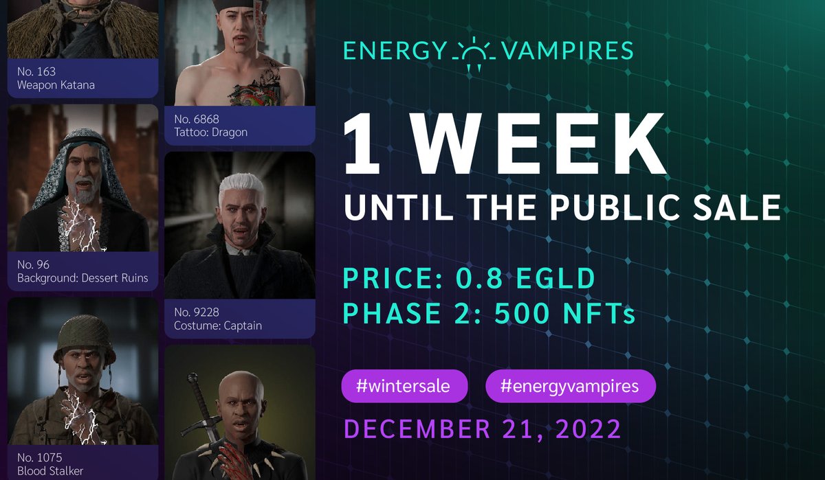 1 Week Until the Public Sale

 💵Price : 0.8 EGLD

 📌Phase 2 : 500 NFTs

 📅Date : December 21, 2022 

Last opportunity to purchase the #NFT  at this extremely low cost (~35$). 
The price will significantly increase in future sales. 

Join our Discord : discord.gg/BT42SEbsYW