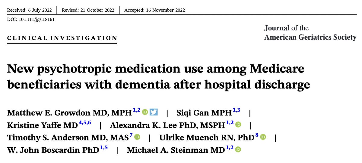 When older adults with dementia are hospitalized, do they leave the hospital on more psychotropic meds than they come in on? And does this drive high rates of psychotropic use among ppl with dementia? 

New study led by Matthew Growdon:
agsjournals.onlinelibrary.wiley.com/doi/10.1111/jg…

🧵

1/n