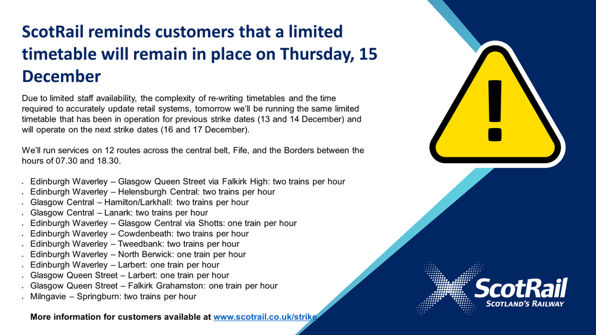 We're reminding customers that a limited timetable will be in operation tomorrow, Thursday, 15 December.