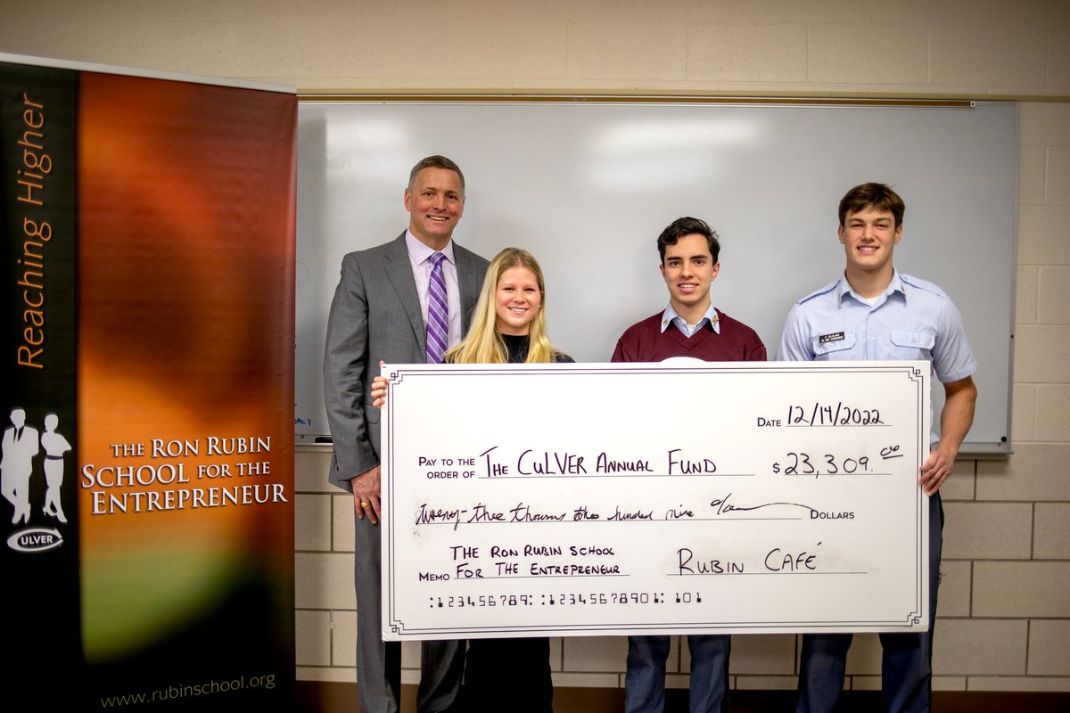 The Ron Rubin School for the Entrepreneur (@rubinschool) on Twitter photo Congratulations to the student management teams of Eagle Outfitters and Rubin Cafe, our two student-run businesses. The revenue generated from each business gets deposited in Culver's Annual Fund. Thanks Dr. Bird for receiving the checks! #InTheMaking <a href="/CulverAcademies/">Culver Academies</a> Congratulations to the student management teams of Eagle Outfitters and Rubin Cafe, our two student-run businesses. The revenue generated from each business gets deposited in Culver's Annual Fund. Thanks Dr. Bird for receiving the checks! #InTheMaking <a href="/CulverAcademies/">Culver Academies</a>