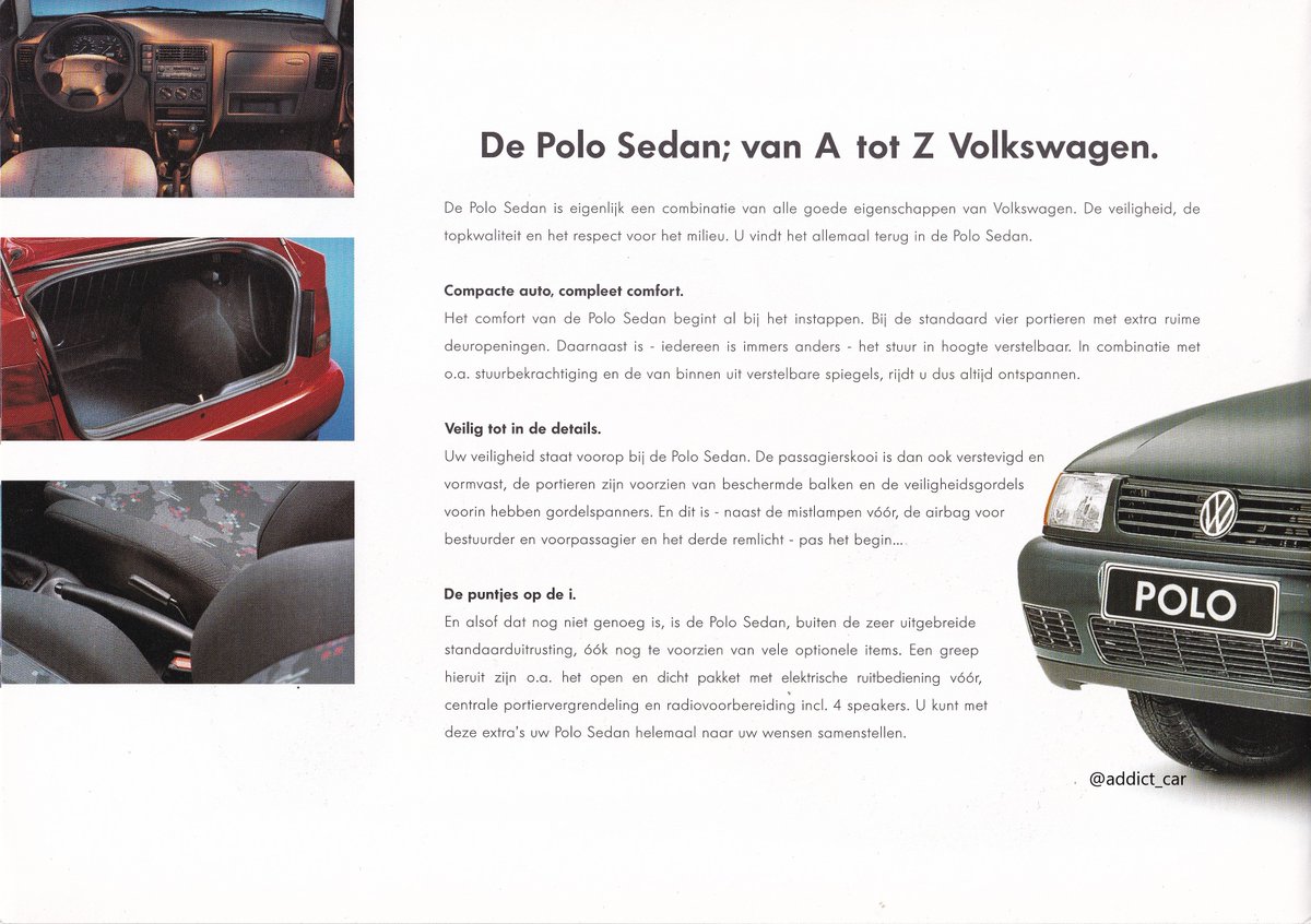 addict_car's tweet photo. Having gone to the trouble of making the VW Polo mk3 hatch and its SEAT Ibiza mk2 cousin look entirely different, VW then confused matters with the Polo saloon and estate, shown in this 1999 Dutch brochure. They were rebadged versions of SEAT's Cordoba. #carbrochure #Volkswagen https://t.co/SIbWHQCMLG