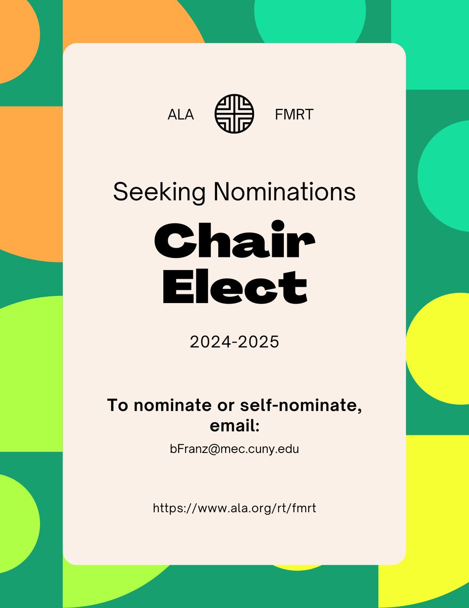 There's still time for interested parties to nominate themselves to serve as Chair-Elect for the ALA Film &amp; Media Round Table for the 2023 election cycle. Chair-Elect will transition into the FMRT Chair for the 2024-2025 year!
