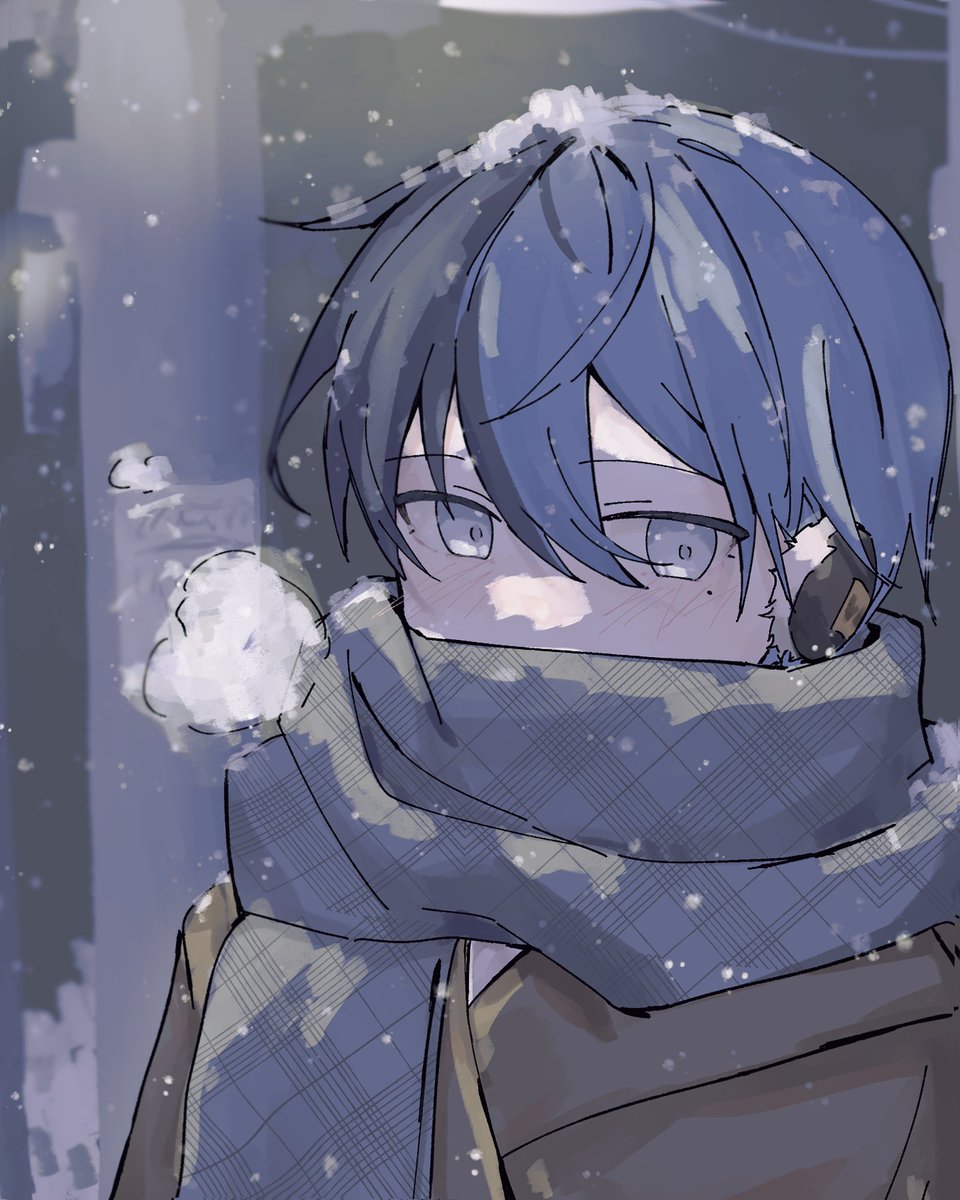 1boy male focus scarf blue hair solo snowing breath  illustration images