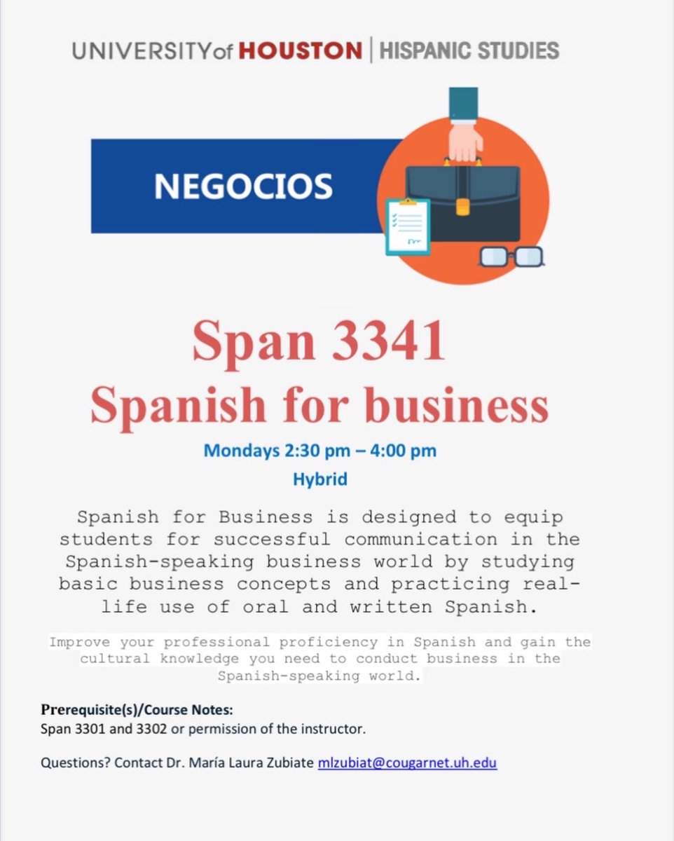👀 ¡Mira todos los cursos disponibles para esta primavera 2023!

👀 Look at all the courses available for the spring 2023!

#uhhispanicstudies #universityofhouston #spanishcourses #houston