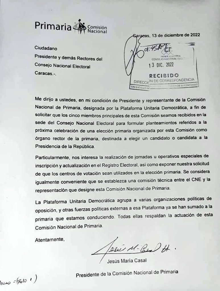cnprimariave's tweet photo. La comunicación enviada por la @cnprimariave fue recibida por el CNE. https://t.co/t1yNOe0iC4