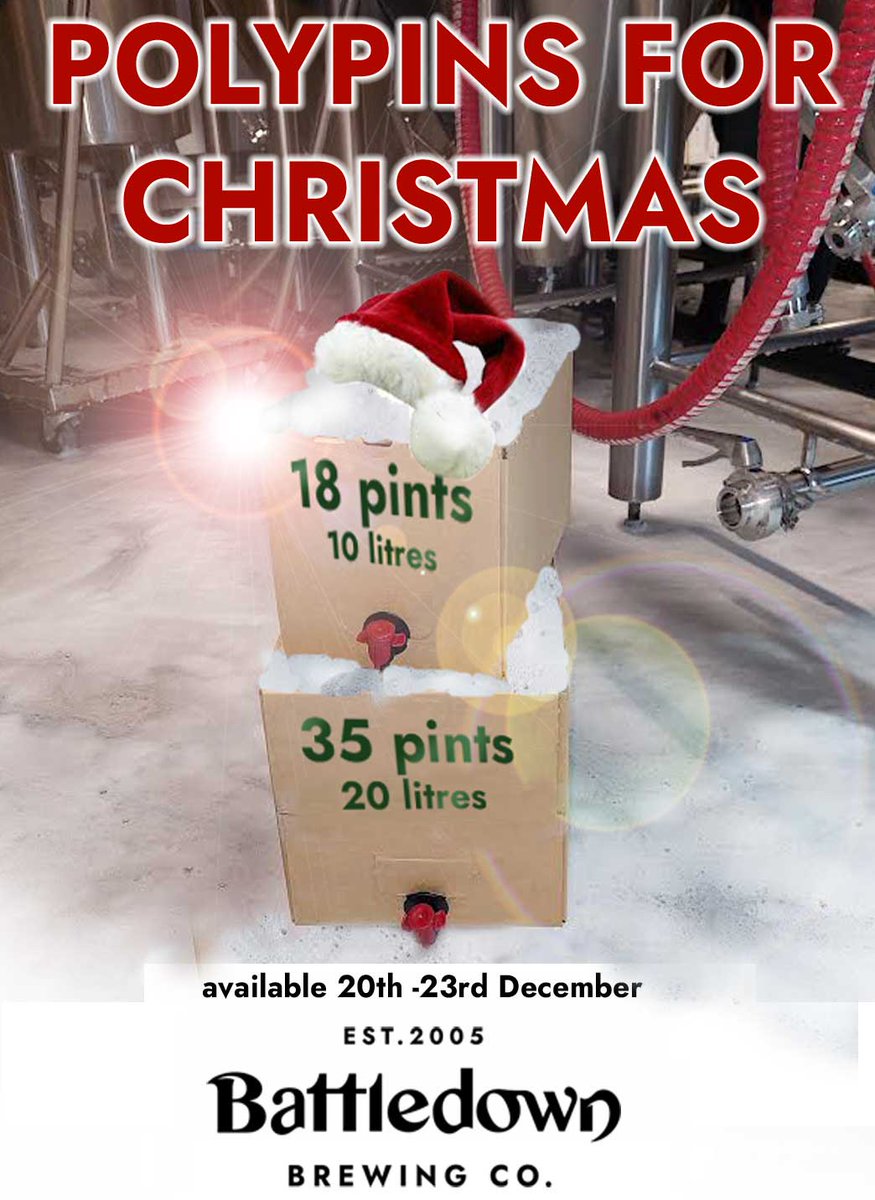 We've added 3 more beers to our Christmas PolyPins list (see the picture!).
Available for free local delivery or pick up from the brewery next week.
Place orders online or give us a call.
BattledownBrewery.com/shop

#cotswoldbeer
#Cheltenham #ChristmasBeer #beerychristmas