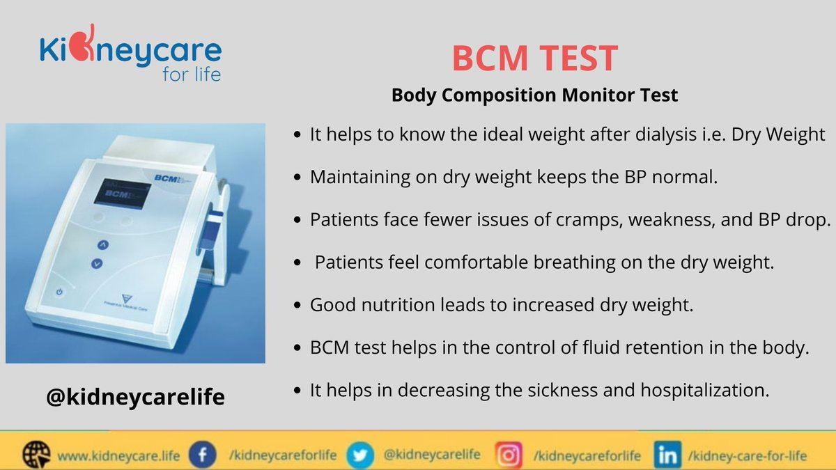 Excess fluid retention in the body of #dialysis patient can cause severe sickness. BCM test can help to attain the DRY WEIGHT. #kidneycarelife #kidneyhealth #dryweight #nephrology #highbloodpressure #kidney #cardiology @kidneycarelife