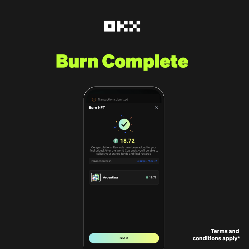 okx's tweet photo. Unsure whether your team can take it all the way in the #NFT Football Cup? No problem! ⚽

You can burn your NFTs any time and claim your share of the rewards! Here’s how 👇