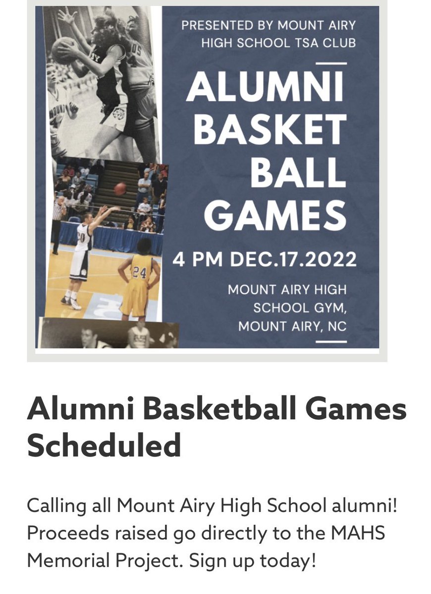 MA Athletics (@granitebears) on Twitter photo “Last Call” <a href="/GraniteBears/">MA Athletics</a> Alumni 🏀🏀🏀 Game 4:00 this Saturday
MAHS gym; 336-789-5147 for details
GO 🐻 <a href="/MACSchools/">Mount Airy City Schools</a> <a href="/granitesquad/">GSOD</a> <a href="/howlett_garrett/">Garrett Howlett</a> @BHAYESMABBALL <a href="/ahmayfield/">Angela Mayfield</a> <a href="/MrCoryLeeSmith/">Cory Smith</a> “Last Call” <a href="/GraniteBears/">MA Athletics</a> Alumni 🏀🏀🏀 Game 4:00 this Saturday
MAHS gym; 336-789-5147 for details
GO 🐻 <a href="/MACSchools/">Mount Airy City Schools</a> <a href="/granitesquad/">GSOD</a> <a href="/howlett_garrett/">Garrett Howlett</a> @BHAYESMABBALL <a href="/ahmayfield/">Angela Mayfield</a> <a href="/MrCoryLeeSmith/">Cory Smith</a>