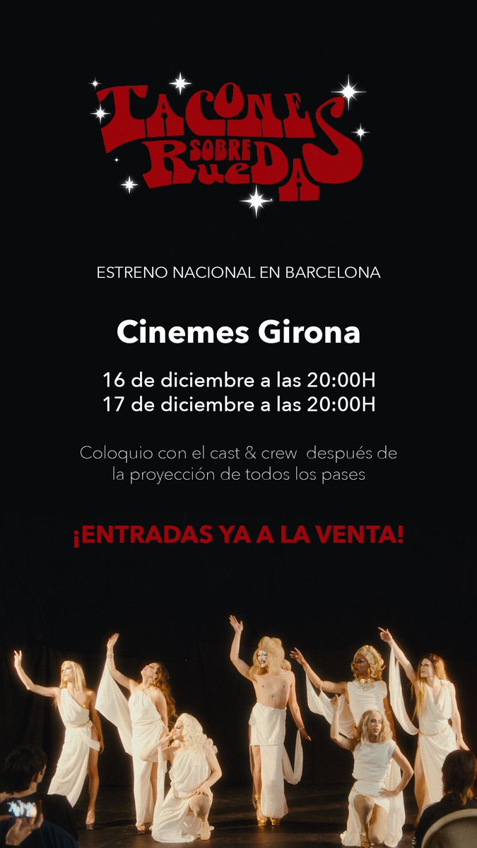 Atenció! S'estrena Tacones sobre ruedas!
Serà aquest divendres 16 i dissabte 17 de desembre a les 20h als Cinemes Girona (@cinemes_girona_bcn), i hi haurà col·loqui amb les protagonistes i l’equip!!! Ens veiem a la sala no??? No et quedis sense entrades!

entradium.com/events/estreno…