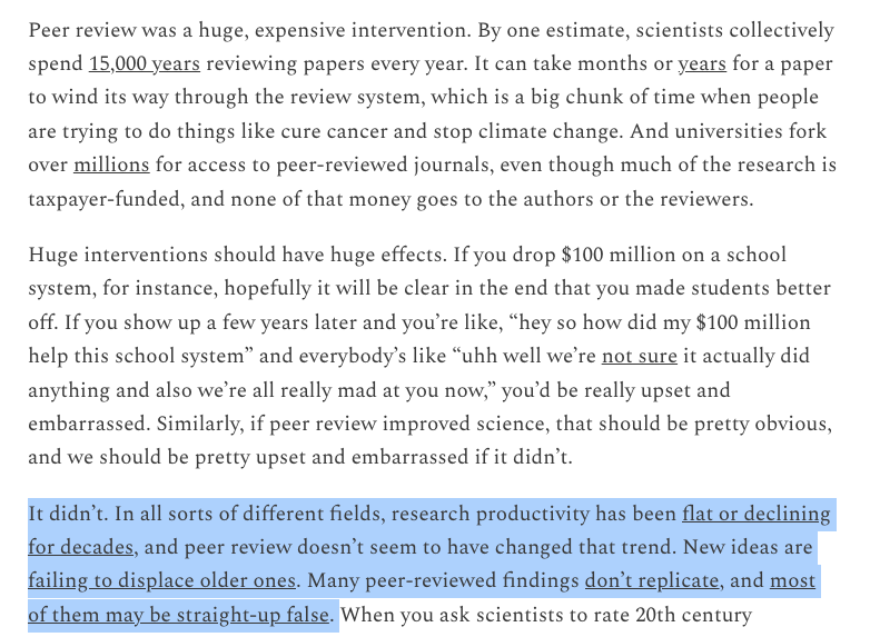 vsbuffalo's tweet photo. This is a thoughtful, enjoyable essay on why we should ditch peer review entirely by @a_m_mastroianni. Peer review is an outrageously expensive recent intervention in the scientific system. Does it help make science better? Not for the cost.
https://t.co/K1sh3Pn2vi https://t.co/YsuwNkArT7