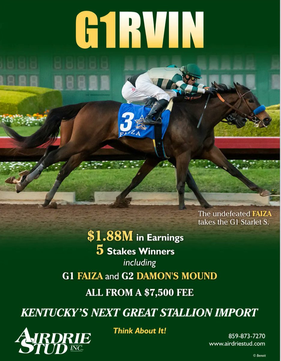 👉 $1.88 million in earnings
👉 5 Stakes Winners including GIW FAIZA and GIIW DAMON'S MOUND
...All from a $7,500 fee.

GIRVIN, Kentucky's next great stallion import, is new to <a href="/AirdrieStud/">Airdrie Stud</a> for 2023!