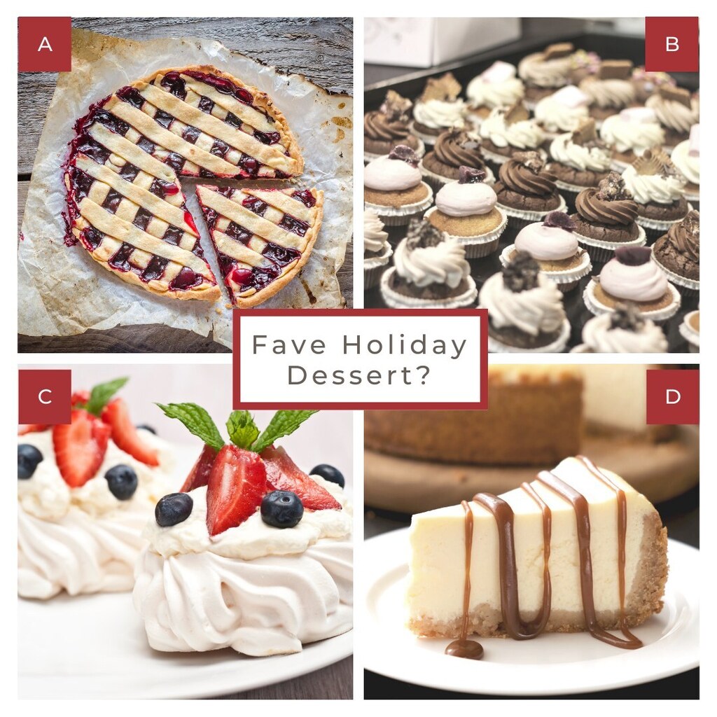 Holiday Faves Take 3!
Dessert: Pie/Cobbler, #Cupcakes/Cake, #Pavlova/Fresh Fruit, #Cheesecake

Allisha: Ahh.... D... no wait C.... no wait D.
Nathan: D

#upstatesc #helloegreenville Which is your favorite? If you like something else, comment it below! 🍴 instagr.am/p/CmJ_fdwNPgQ/