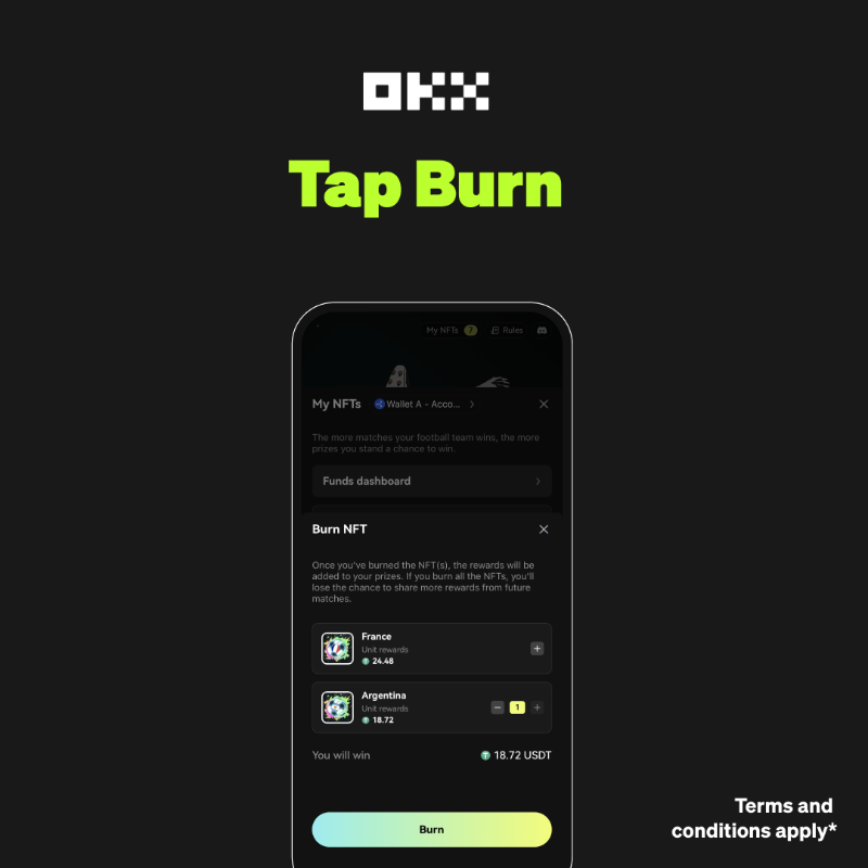 okx's tweet photo. Unsure whether your team can take it all the way in the #NFT Football Cup? No problem! ⚽

You can burn your NFTs any time and claim your share of the rewards! Here’s how 👇