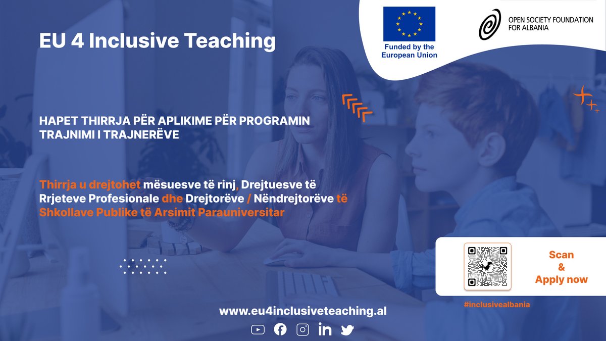 Tirana Office - OSF Western Balkans (@tirana_osfwb) on Twitter photo Hapet thirrja për aplikime për programin Trajnimi i Trajnerëve. Afati: 27 Dhjetor 2022!
Për t’u bërë pjesë e programit të trajnimit aplikoni në bit.ly/3uOdzav
#EU4InclusiveTeaching financohet nga <a href="/EUinAlbania/">EU in Albania</a> dhe zbatohet nga @OSFAlbania & @TampereUni. #InclusiveAlbania Hapet thirrja për aplikime për programin Trajnimi i Trajnerëve. Afati: 27 Dhjetor 2022!
Për t’u bërë pjesë e programit të trajnimit aplikoni në bit.ly/3uOdzav
#EU4InclusiveTeaching financohet nga <a href="/EUinAlbania/">EU in Albania</a> dhe zbatohet nga @OSFAlbania & @TampereUni. #InclusiveAlbania