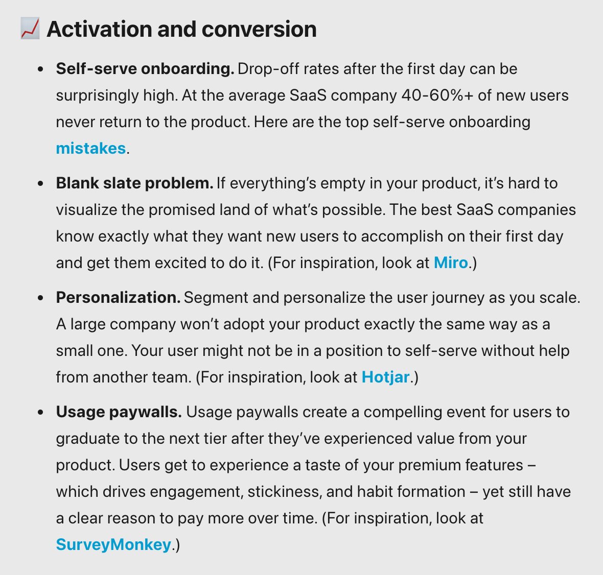 Great round-up of <a href="/poyark/">Kyle Poyar</a>'s 2022 learnings around how to drive activation/conversion in his newsletter today.

Personalization is where a lot of teams trip up. Most teams overthink it.

You can get a lot of mileage out of simple segments (role/job to be done/1st vs nth user)