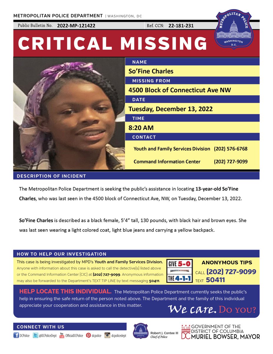 DC Police Department on Twitter "So'Fine Charles, 13, has been located