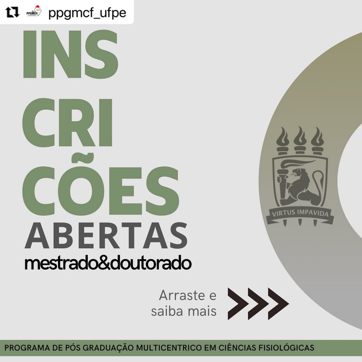 sbfis_oficial's tweet photo. As inscrições para o Processo Seletivo de Mestrado e Doutorado do Programa de Pós-Graduação Multicêntrico em Ciências Fisiológicas estão abertas.
- Período de inscrição de 08/12/22 a 15/01/2023.
Edital: https://t.co/qUnvVOMsp3
#ppgmcf #ufpecav https://t.co/9s2IuWm6f7