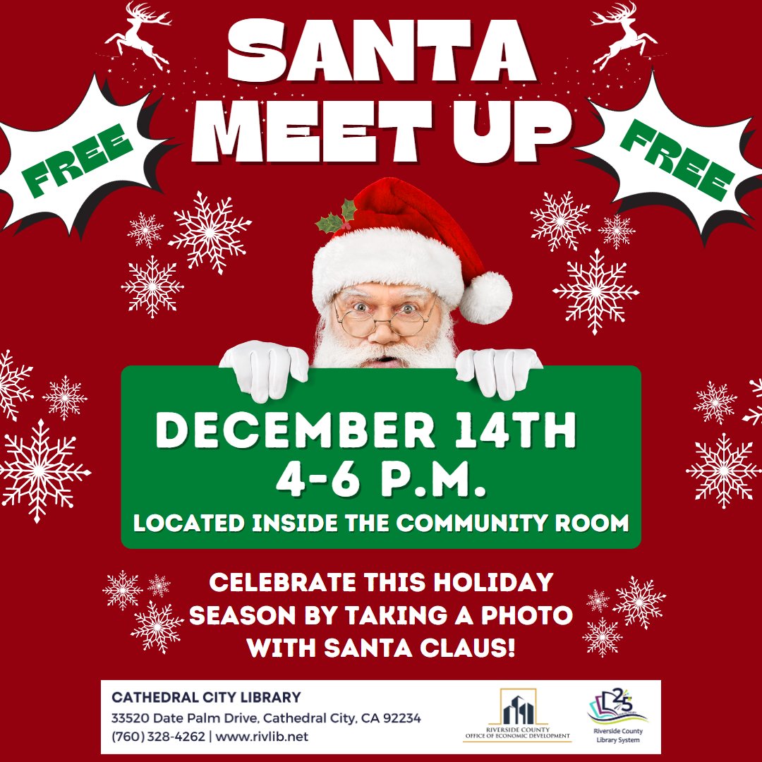Come meet Santa at the Cathedral City Library tomorrow evening! Great chance to catch up with neighbors, and friends and check out some holiday books for the upcoming winter break.
#cathedralcityca #cathedralcity