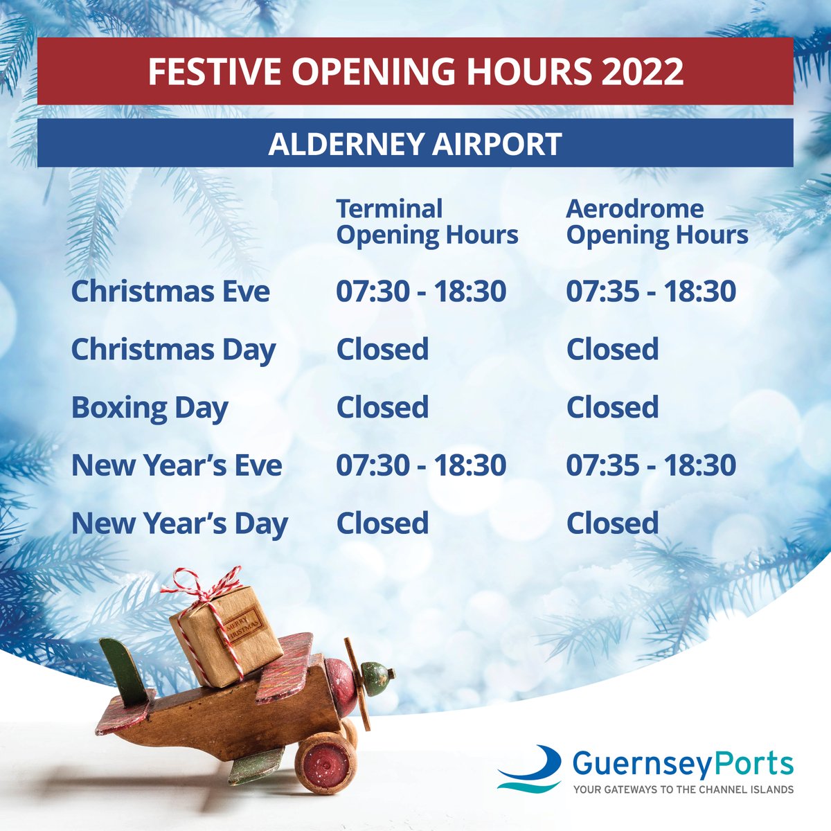 Please see our planned Christmas and New Year opening hours. 

Times may be subject to change but we will provide and publish updates to keep you informed. 
......
Search and Rescue and MEDEVAC services will still be available if required.
