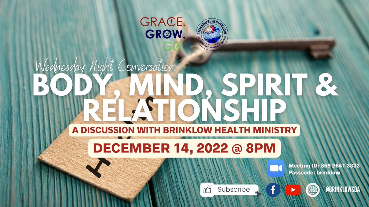 This is a discussion you don't want to miss.  A conversation with our Brinklow Health Ministry Team!  "Body, Mind, Spirit &amp; Relationship!" Join us on zoom OR watch on YouTube as our team gives a few tips and important facts about our Health!  See you tonight, December 14 at 8pm.