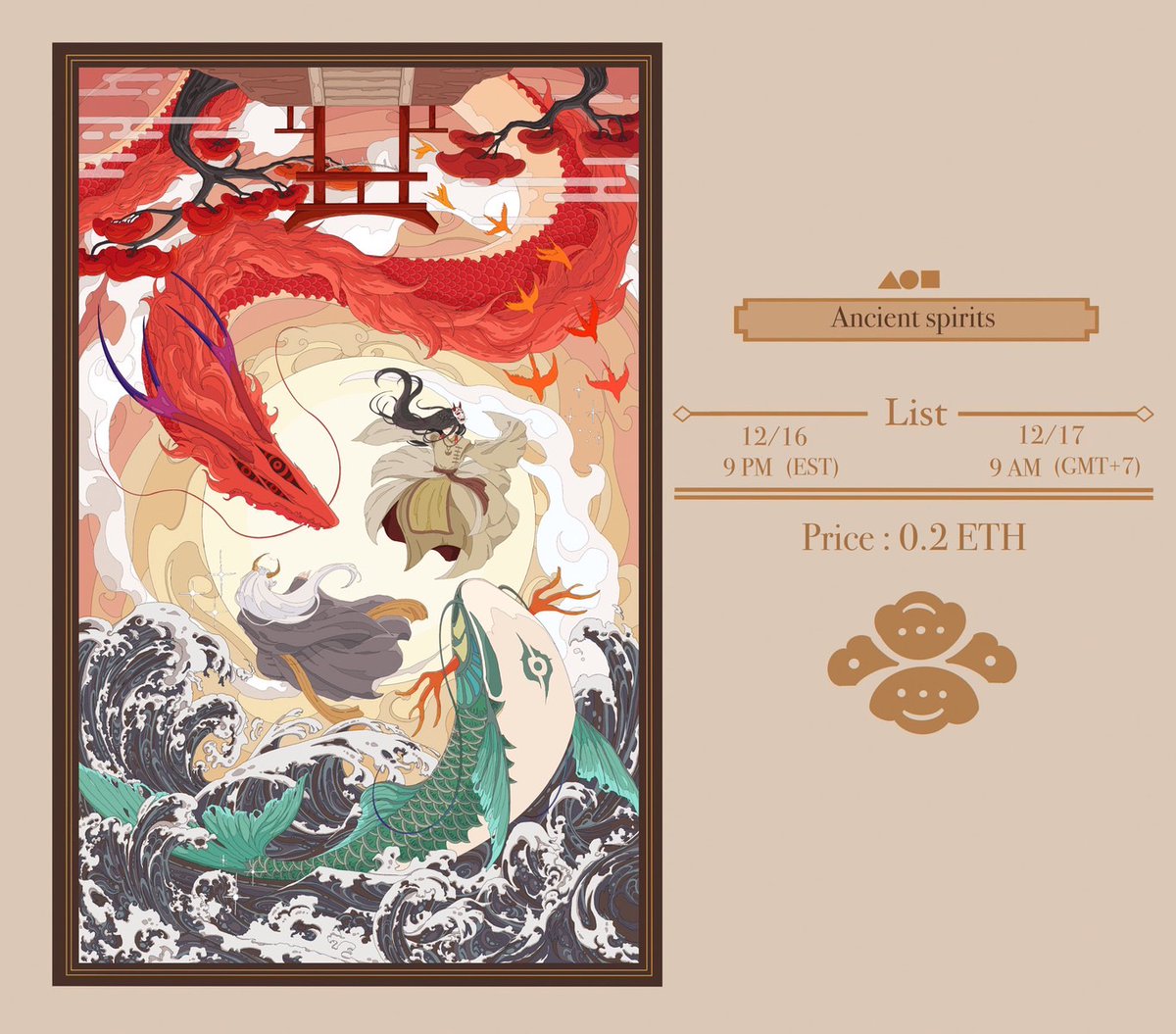 Hello everyone.👋
Finally, I finished this project. This piece is special event collabration with <a href="/smolmeiji/">smei🎋 CQ9 M51-52</a> 's original character "Ancient spirits" 
List : 12/16 | 9 pm(EST) 12/17 | 9 am(GMT+7)
Price : 0.2 ETH
All bidders will receive a stamp (🐉godness form )
FND Link : below▼