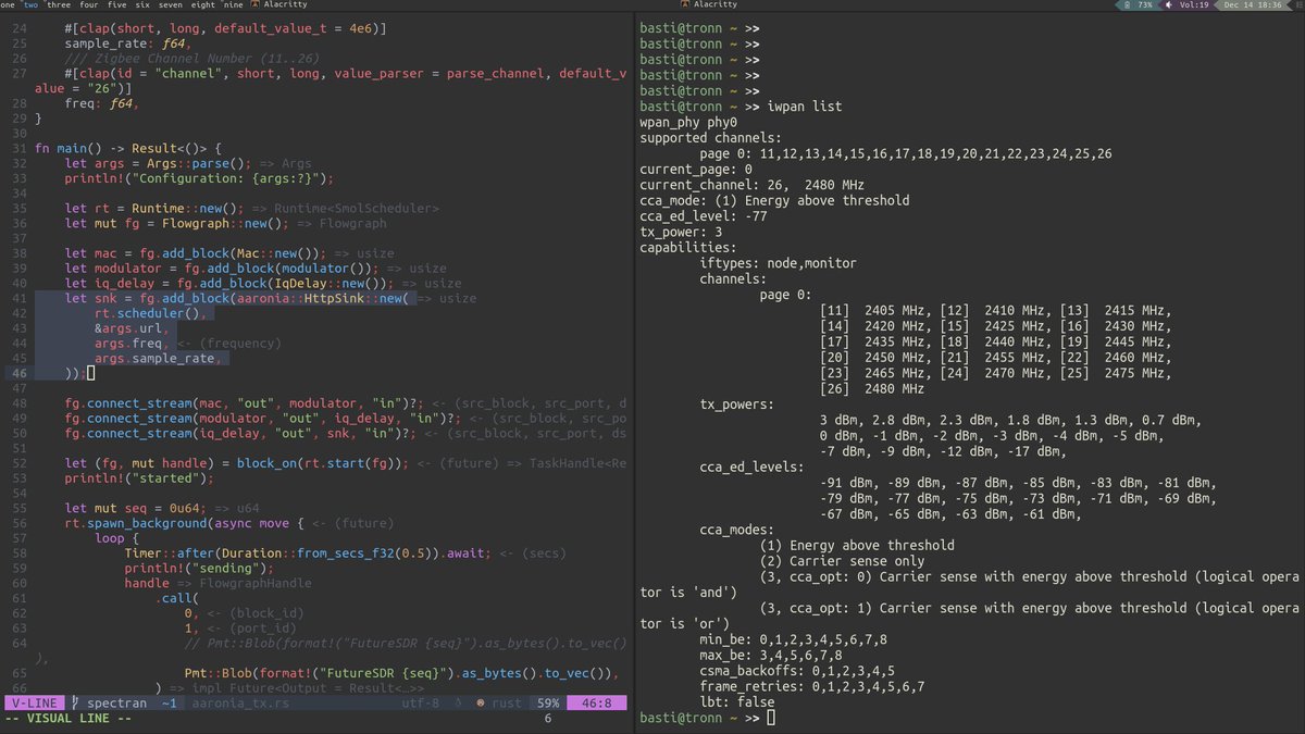 bastibl's tweet photo. Yay, first successful TX of some ZigBee frames from FutureSDR + Aaronia Spectran v6 to an ATUSB IEEE 802.15.4 USB adapter. Still using the HTTP Server. Next step will be trying to FFI the native driver. https://t.co/yHeec4UicB