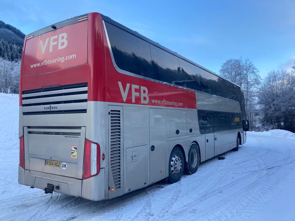 One of our luxury sleeper coaches just back from Saalbach, one of Austria's premier ski resorts with around 270km of ski runs and 70 ski lifts. Our splitter vans &amp; sleeper coaches are available for travel to European ski resorts. We can help to arrange your ski trip in 2022/2023