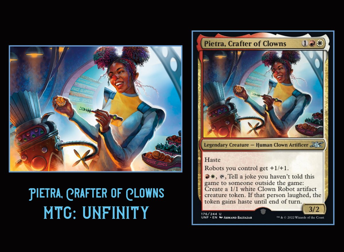 ArmandBaltazar's tweet photo. Happy Wednesday! So thrilled to share another Magic the Gathering painting for MTG’s Unfinity series. Meet Pietra Crafter of Clowns! She’s a badass robot inventor. PROCESS post soon!
#mtg #mtgcommunity #mtgunfinity #mtgart #mtgcards #robotgirl #conceptart https://t.co/KaW1KMCdZl