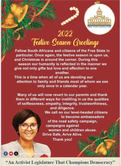 2022 Festive Season Greetings Message from the Speaker of the Free State Legislature Zanele Sifuba😍😍😍

#MDNnews