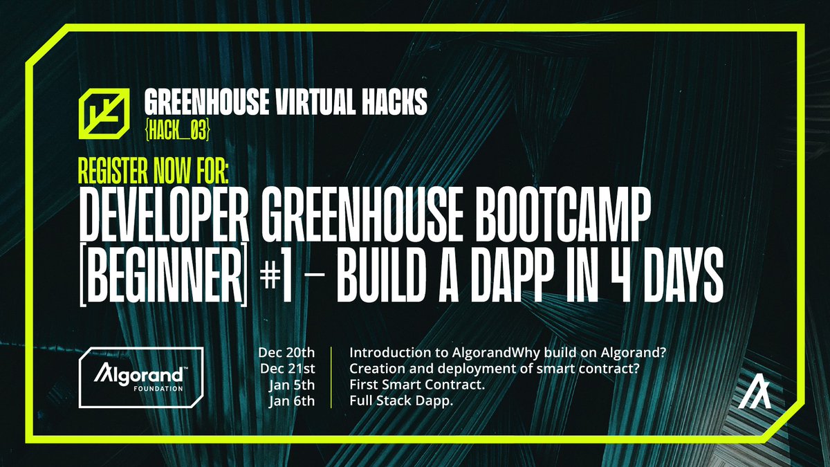 DevGreenhouse's tweet photo. Register now!
Bootcamp [BEGINNER] #1 registrations are now open.
Join us for 4 sessions &amp; begin your journey in the development of decentralized applications using @Algorand ⬇️
https://t.co/6buY1Ghwkt
#GHH #GHH3 #GreenCrypto https://t.co/ciPFWjnEWf