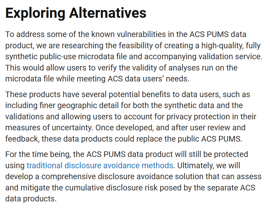 hansilowang's tweet photo. NEW: The Census Bureau is delaying its timeline for applying differential privacy protections to American Community Survey data to after 2025 because "the science does not yet exist to comprehensively implement a formally private solution"
https://t.co/Tv1ycC2p0I https://t.co/HIKrMr2fS2